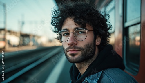 Italian Boy With Dark Hair And Eyeglasses Sitting On Train Platform. High-Quality Photograph Capturing The Scene As He Waits.