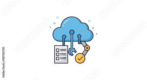 cloud automation checklist and robotic arm automating tasks in cloud computing conveying efficiency perfect for tech blogs cloud services promotion
