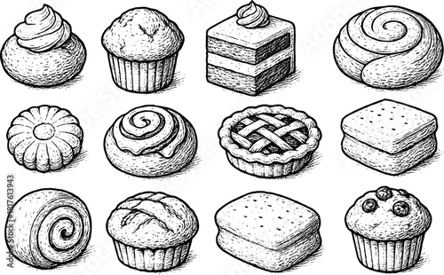Hand-drawn bakery dessert collection featuring muffins, swirl rolls, cake slices, lattice tarts, sweet buns and assorted pastries