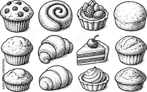Hand-drawn bakery dessert set featuring muffins, swirl buns, fruit tarts, croissants, cherry cake slices and assorted sweet pastries