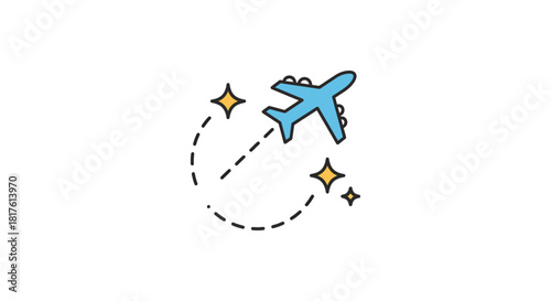 flight path with stars a blue airplane flying along a dashed route with golden stars perfect for travel blogs and illustrating destinations