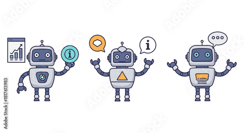 friendly robot chatbots giving information showing data analysis and communicating perfect for illustrating ai and customer service support.