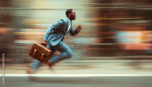 African American Businessman In A Rush With Briefcase In Hand On City Street - Running Late For Work.