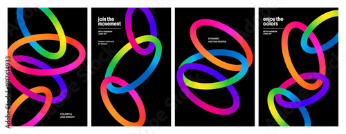 Abstract Color Circle Line Backgrounds. Chain Shape Gradient Lines Pattern. Vector Posters with 3D Wave Rainbow Ribbons.