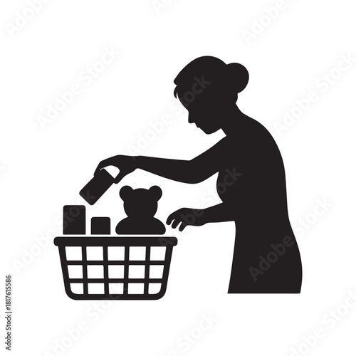 Woman Silhouette Cleaning Up Toys in Basket Black and White Vector Illustration Home Organization and Responsibility Concept