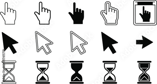 Collection of hand pointers cursors and hourglass icons in black and white