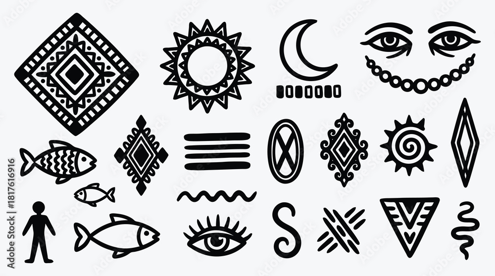 Obraz premium Hand Drawn Tribal Ethnic Symbols in Black and White Vector Collection