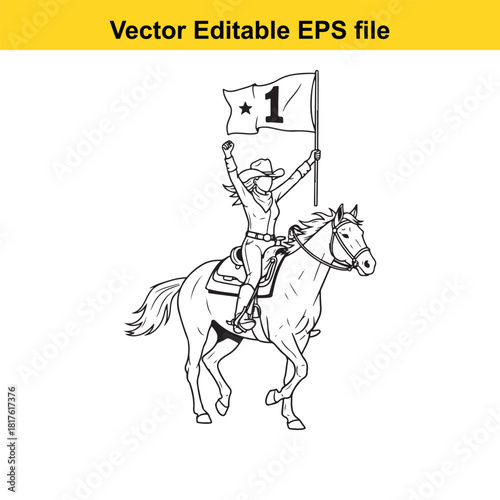 Cowgirl on horseback holding a flag with number 1, celebrating victory, isolated on