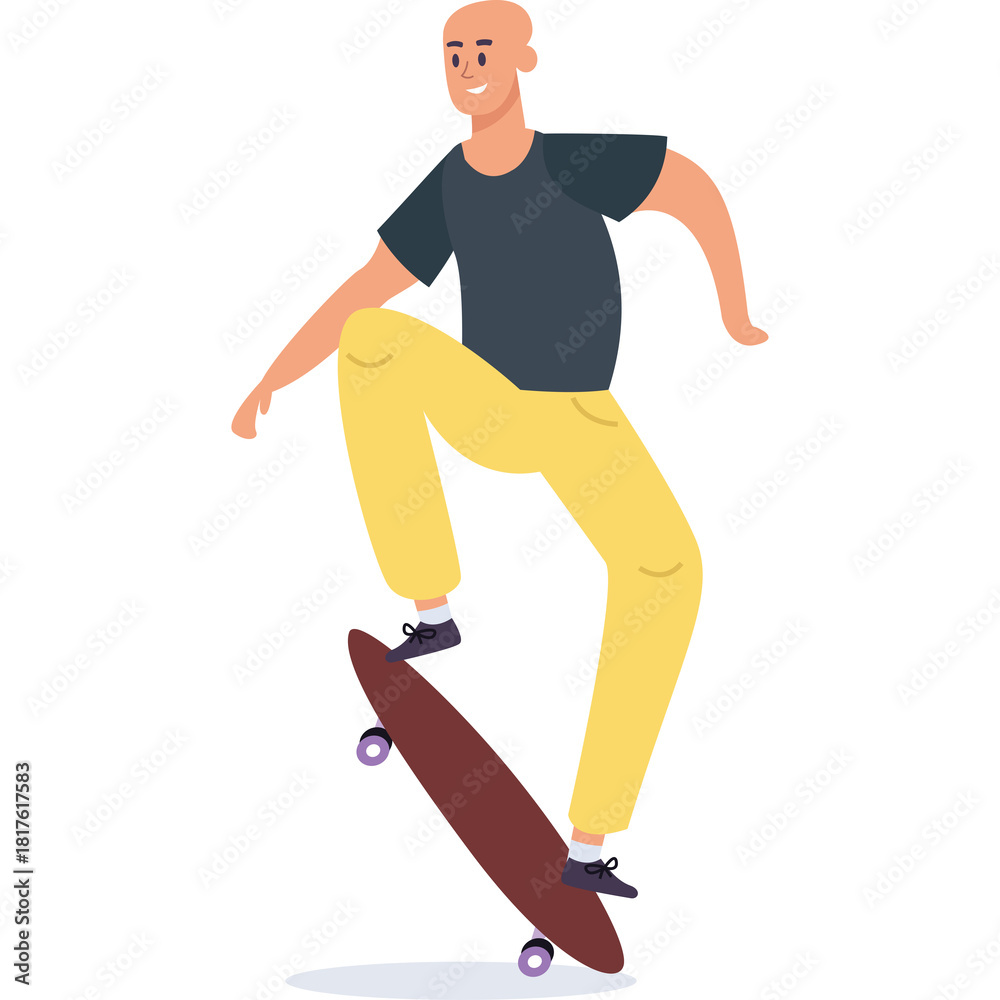 Obraz premium Smiling Bald Man Wearing A Dark Blue T Shirt And Yellow Pants Riding A Red Skateboard With Purple Wheels Doing A Trick With A Transparent Background