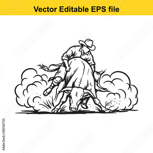Line art illustration of a cowboy riding a bucking bull in a cloud of dust, vector editable eps file