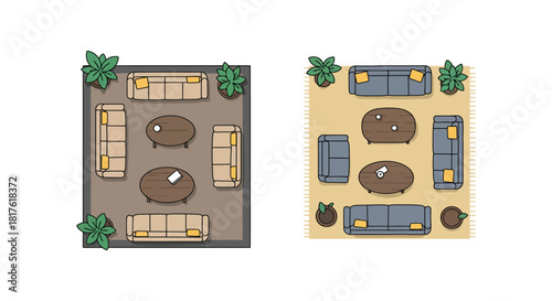 living room layout designs showcasing two furniture arrangement options for interior design projects and home decor inspiration top view