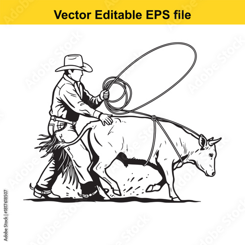 Cowboy with lasso in action, roping a calf in a rodeo, vector illustration