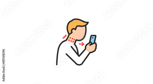 neck pain from phone use person with forward head posture holding smartphone causing stiffness ideal for ergonomics and health content.