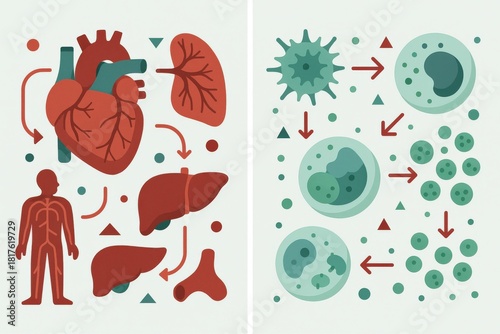 Intricate Representation of Human Anatomy Featuring Heart Lungs and Cells With Dynamic Arrows Illustrating Biological Functions and Interactions Emphasizing Life Processes