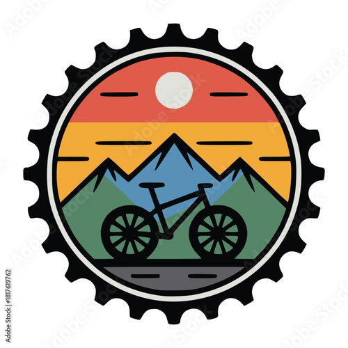 Mountain Biking Badge Logo with Sunset