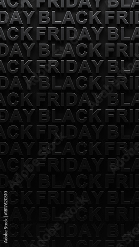 Repeating pattern of Black Friday text with dark shadows on black background. 3d render graphic of Black Friday text. Dark shadowy Black Friday sales, announcement, or advertisement for Black Friday.