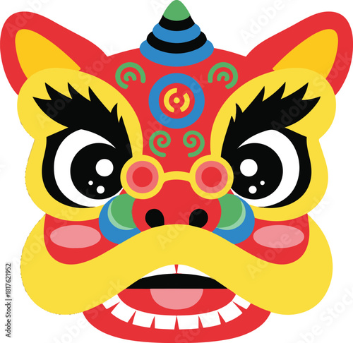 Flat vector illustration of a colorful traditional Chinese Lion Dance head, designed as a festive mask or icon symbolizing good luck and protection for Lunar New Year and Spring Festival celebrations.