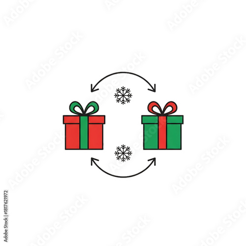 Two gift boxes exchanging places in a circular arrow loop.