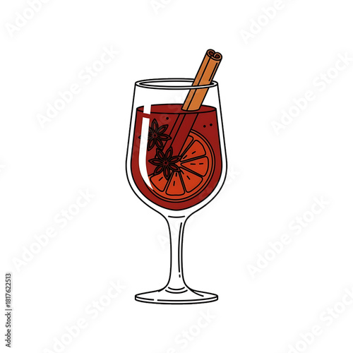 A glass of mulled wine with cinnamon and fruit garnish.