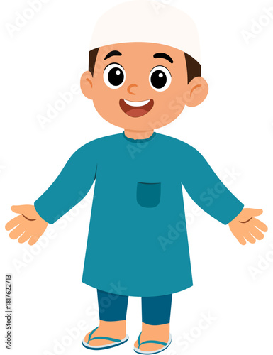 Muslim Boy welcome pose  flat illustration blue kufi