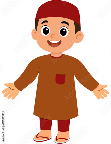 Muslim Boy welcome pose  flat illustration red kufi