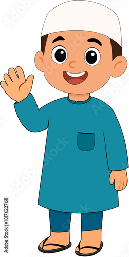 Muslim Boy waving hand  flat illustration blue kufi