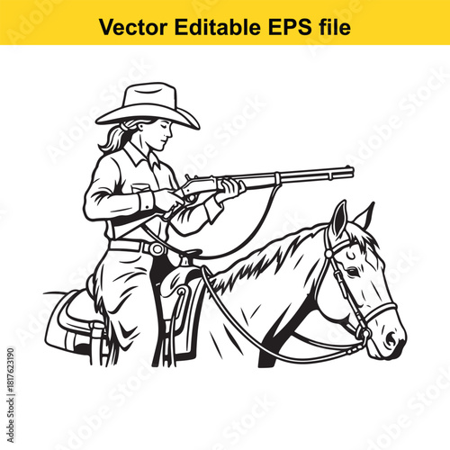 Cowgirl aiming a rifle while riding a horse, vector illustration, western theme, isolated on