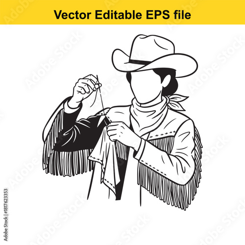Line art illustration of a cowboy with a bandana and fringed jacket, holding a lasso, isolated on