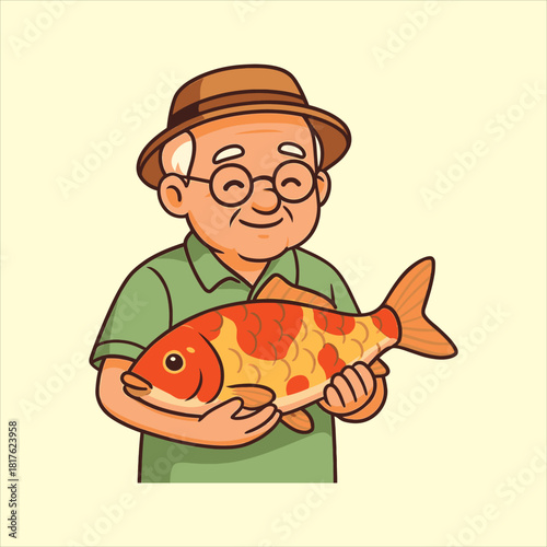 Cheerful Elderly Fisherman Holding a Colorful Koi Fish with a Smile.