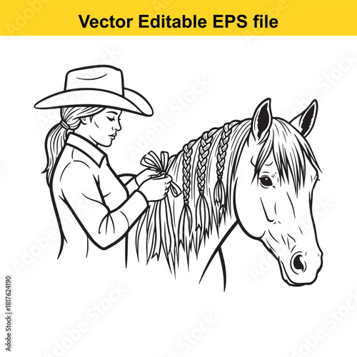Line art illustration of a cowgirl braiding a horses mane, isolated on, vector editable eps file
