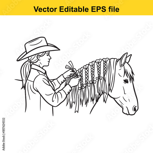 Woman in cowboy hat braiding horses mane with ribbons, vector illustration