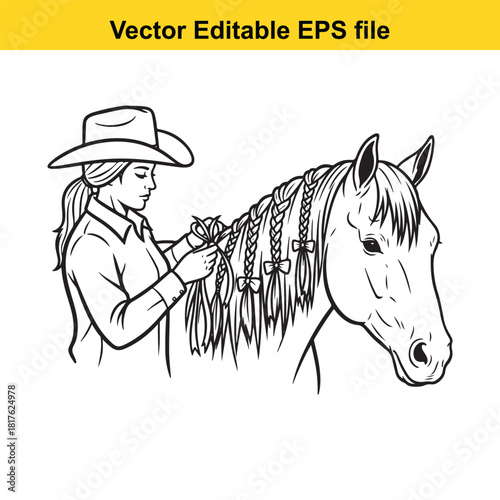 Woman in cowboy hat braiding horse mane with ribbons, vector illustration, isolated on