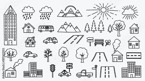 Hand drawn city landscape elements vector illustration doodle style design