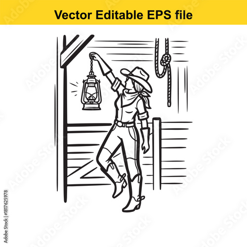 Cowgirl holding an oldfashioned lantern in a rustic barn, vector illustration