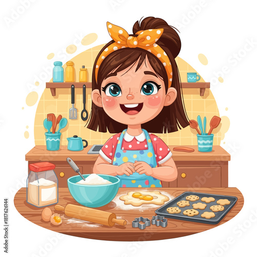 Joyful cartoon girl baking cookies with a rolling pin and dough, creating sweet treats in a colorful kitchen, embodying childhood culinary fun and domestic bliss