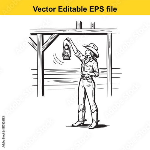 Cowgirl holding an oldfashioned oil lantern under a wooden structure, vector illustration, western theme, isolated on