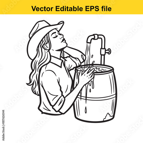 Cowgirl washing her face with water from a barrel, vector illustration, isolated on