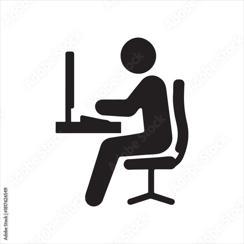 Person Working at Computer Icon Illustration in Black and White Depicting Office Work and Productivity silhouette