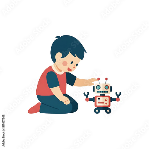 Child playing with a toy robot illustration, robotics technology