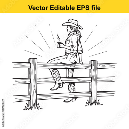 Cowgirl sitting on a wooden fence holding a cup of coffee, enjoying a moment of relaxation in a rural setting, vector illustration