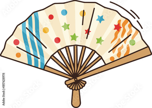 Flat vector illustration of a decorative handheld folding fan featuring colorful festive patterns of stars, dots, and stripes, symbolizing celebration, summer cooling, or traditional accessory.