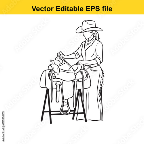 Cowgirl cleaning a western saddle on a stand, vector illustration, isolated on