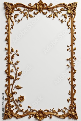 Ornate Vintage Frame Design with Intricate Floral Decoration and Elegant Gold Details on Plain White Background