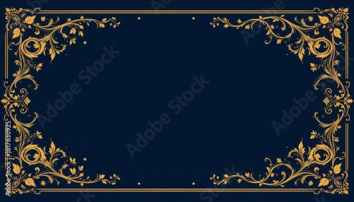 Ornate gold floral frame with intricate leaves and swirls on a deep navy blue background for elegant design projects