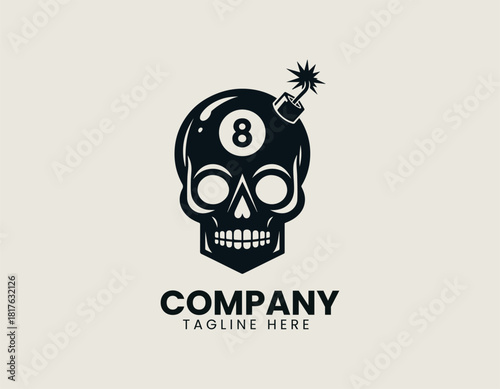 Bold black 8-ball and stylized skull face contained within a round bomb with a sparking fuse.