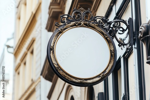 Blank vintage round sign on ornate metal frame attached to street building facade in urban city setting with historic architecture.