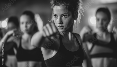 Real Group Body Combat Workout: Women In Black And White Sportswear Train For Kickboxing With A Trainer In The Gym.