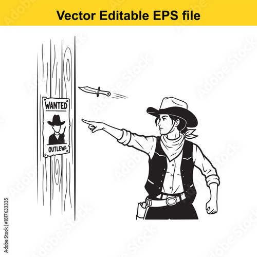Cowboy pointing at a wanted poster with an outlaw and a knife flying in the air, vector illustration