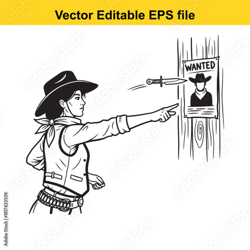 Cowgirl aiming a knife at a wanted poster of a cowboy, vector illustration, isolated on