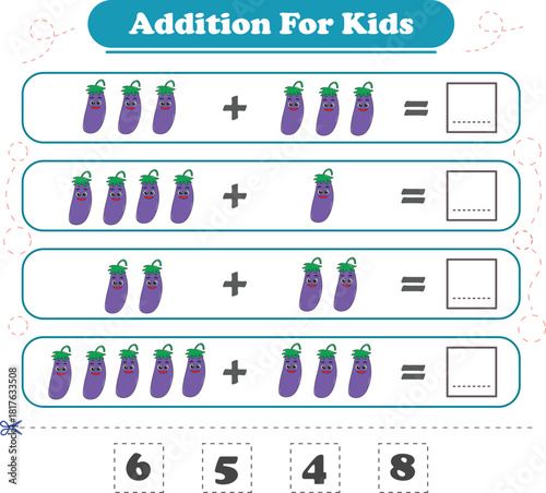 Game for children fun addition by counting fruits pictures printable worksheet vector